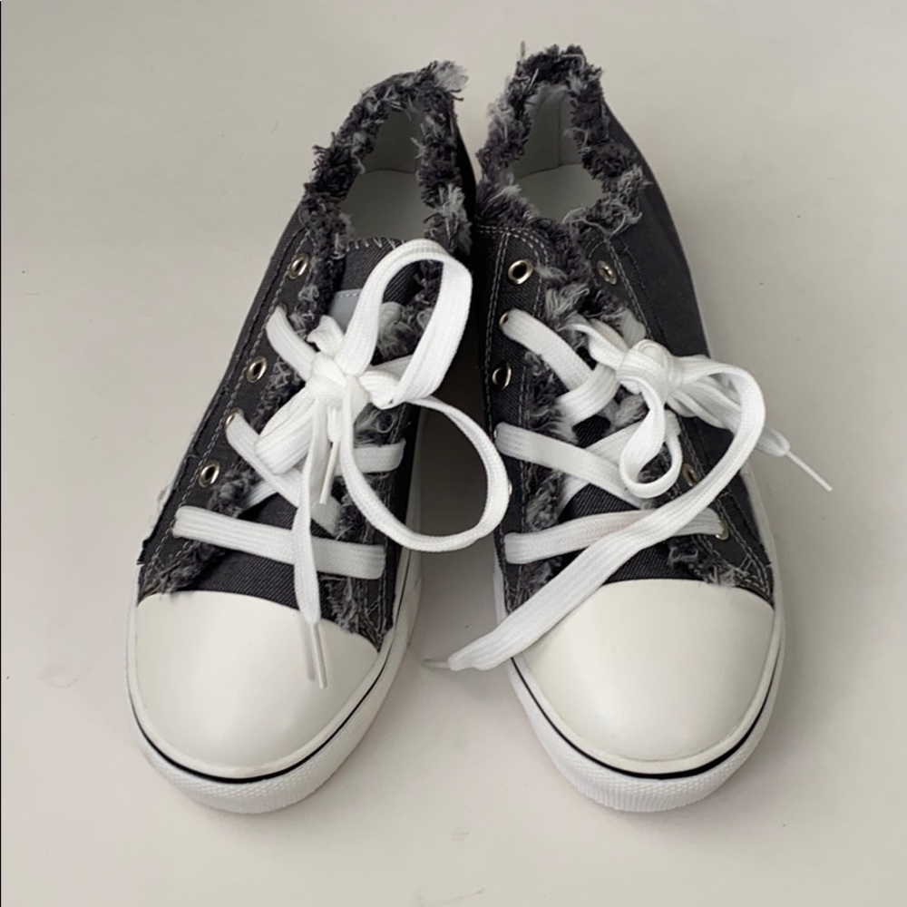Grey denim lace up sneakers. Low top.